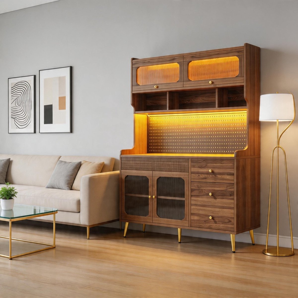 KOMHTOM - Modern dressoir - LED-verlichting - App-bediening - Perforatieplaat - Glazen planken - Lade - 145x39x171 cm - Walnootkleur
