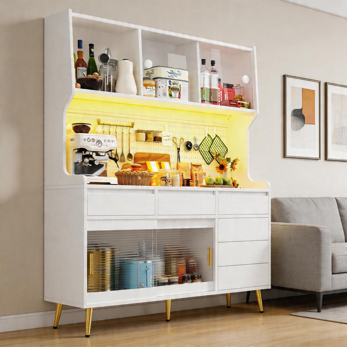 KOMHTOM - Moderne hoge kast - LED-verlichting - App-bediening - Perforatieplaat - Lade - 145x39x171 cm - Wit