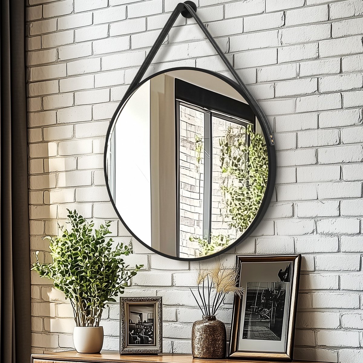 Artloge Ronde zwarte Spiegel - 80cm Wandspiegel met Leren Hangriem - Aluminium Frame - Badkamerspiegel, Vanity Spiegel voor Hal, Slaapkamer, Woonkamer