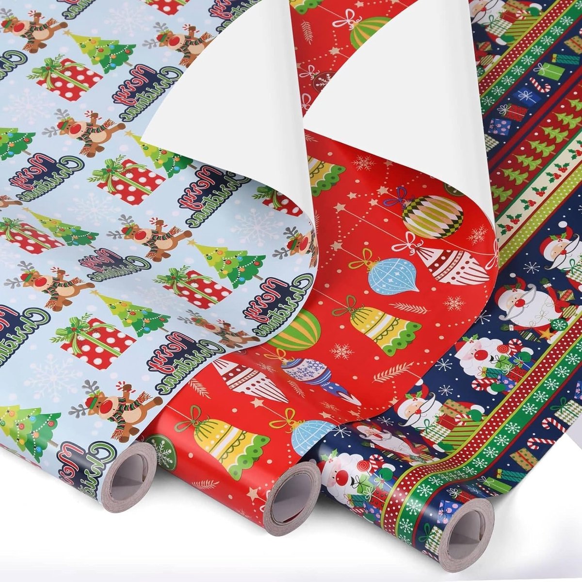 3 Rollen Kerst Cadeaupapier, 43cm x 10m, Recyclebaar Papier voor Verpakking, Feestdagen, Verjaardagen en Decoraties