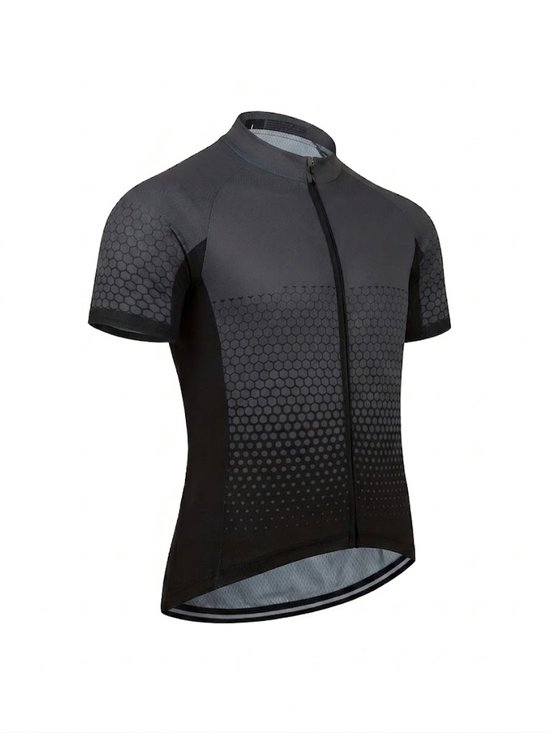 Grijs zwart wielrenshirt met korte mouwen, rits en honingraatpatroon