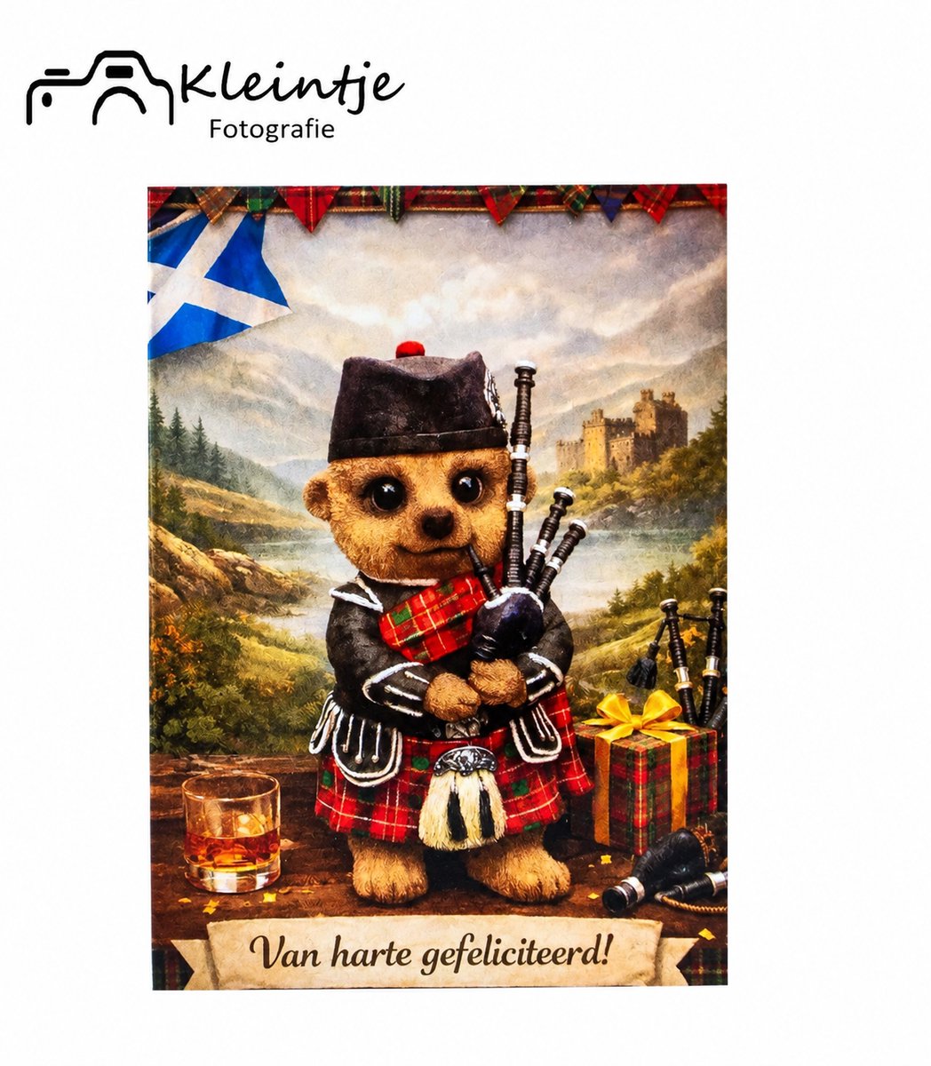 Schotse beer verjaardag wenskaart – Muzikale groet in kilt | Kleintje Fotografie