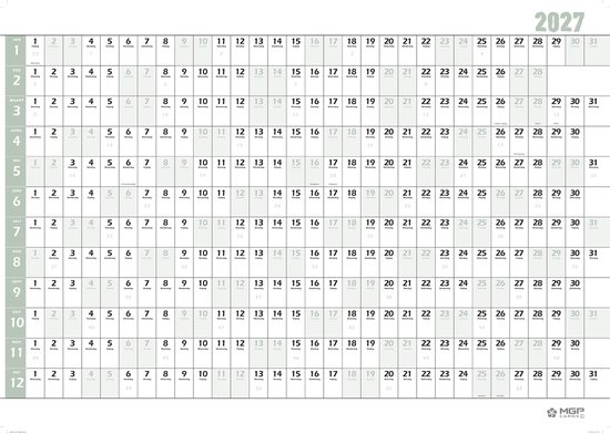 Jaarplanner 2027, 84 x 60 cm, met alle maanden van januari tot december en weeknummers.