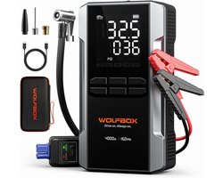 WOLFBOX 4000A Jump Starter met 160PSI luchtcompressor, 12V auto-accubooster, 65W snel opladen, 24000mAh draagbare bandenpomp, LED-display voor 10L gas- en 10L-dieselmotoren, LED-licht, jumperkabels