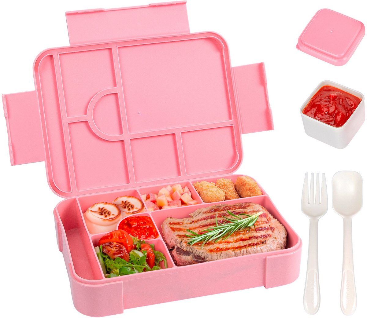 Roze verdeelde lunchdoos, draagbare verwarmbare bento-box voor dagelijks gebruik