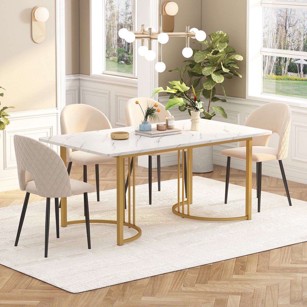 Eettafelset - 1 eettafel met 4 stoelen - beige stoelen met rugleuning - verstelbare stoelpoot - wit tafelblad en gouden tafelpoten