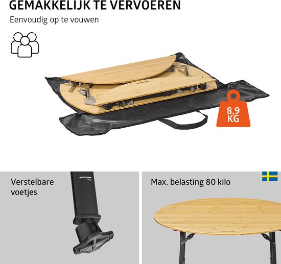 Campout Campingtafel - Ø90cm - Inklapbare Tuintafel - Opvouwbaar - Vouwtafel - Klaptafel - Hoogte Verstelbaar - Bamboe van Campout — afbeelding 4