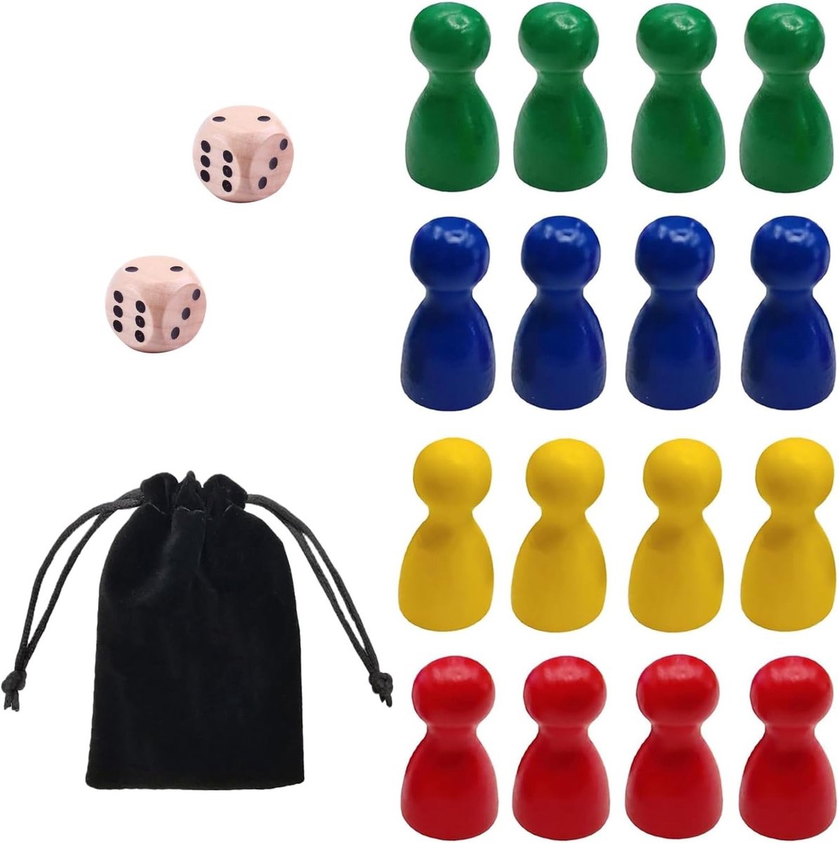 Kleurige Houten Speelfiguren voor Bordspellen, Halma Conen en Dobbelstenen - 16 Stuks en 2 Dobbelstenen voor Plezier en Creatief Spel