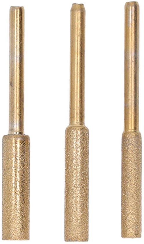 Drie gouden slijpstiften met een ruwe, schurende kop en een gladde schacht.