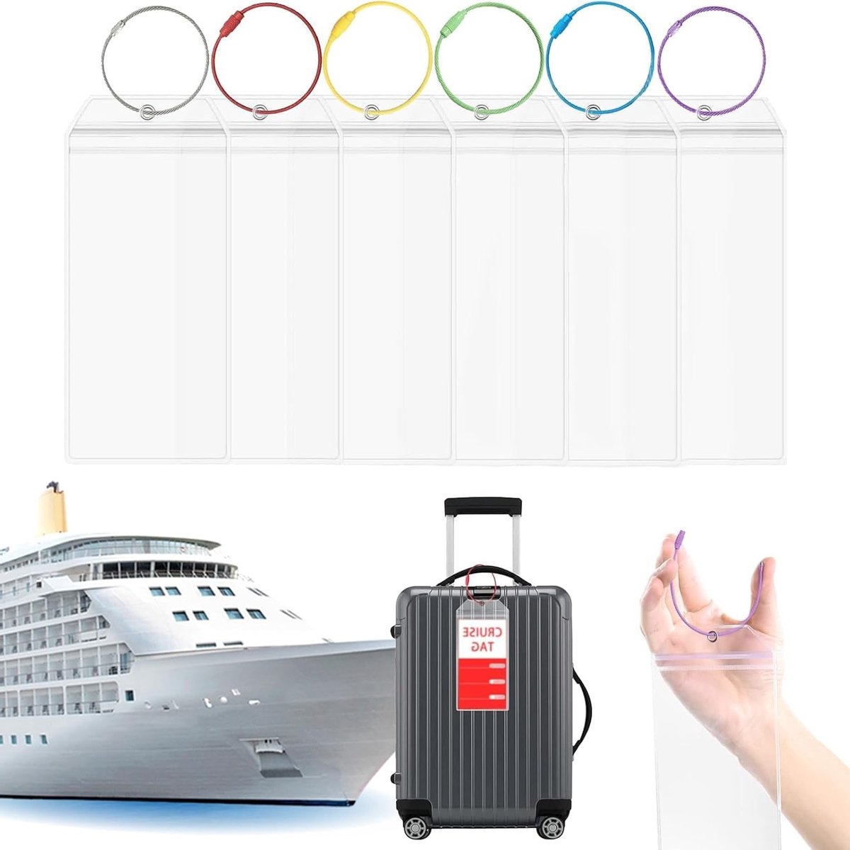 Set van 6 Transparante Bagagehangers voor Koffers, Ideaal voor Reizen, PVC Etiketten met Metalen Ring voor Bevestiging aan Bagage, Vliegtuig en Cruise