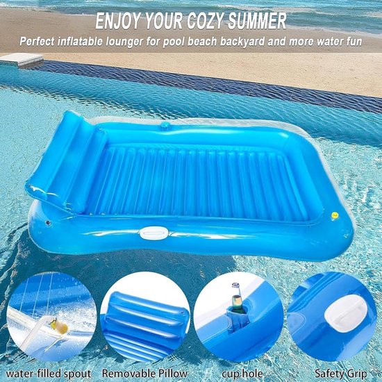Zwembad Loungebank - Opblaasbaar Vlot - Zonnen en Relaxen - Met Bekerhouder - 180 x 120 cm - Blauw — afbeelding 5