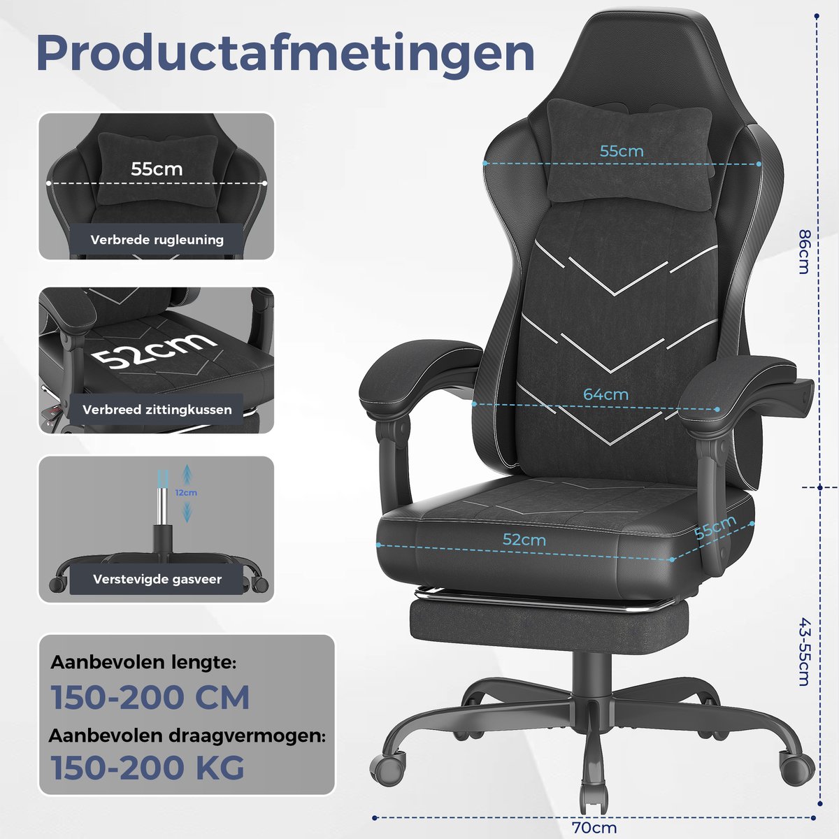 Devoko Game Stoel - Ergonomische Gamestoel - Unieke zijde - katoen stof - Individuele veerkern - Gaming chair met Uitschuifbare Voetensteun-Bureaustoel met hoofdsteun en lendensteun- 150 kg - Zwart – foto 7