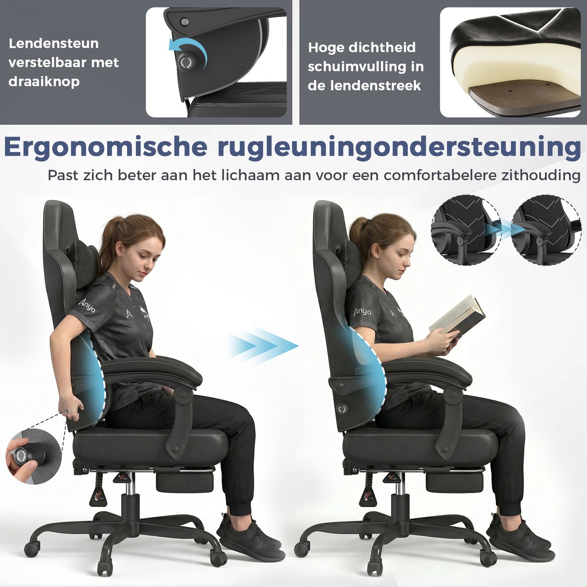 Devoko Game Stoel - Ergonomische Gamestoel - Unieke zijde - katoen stof - Individuele veerkern - Gaming chair met Uitschuifbare Voetensteun-Bureaustoel met hoofdsteun en lendensteun- 150 kg - Zwart – foto 3