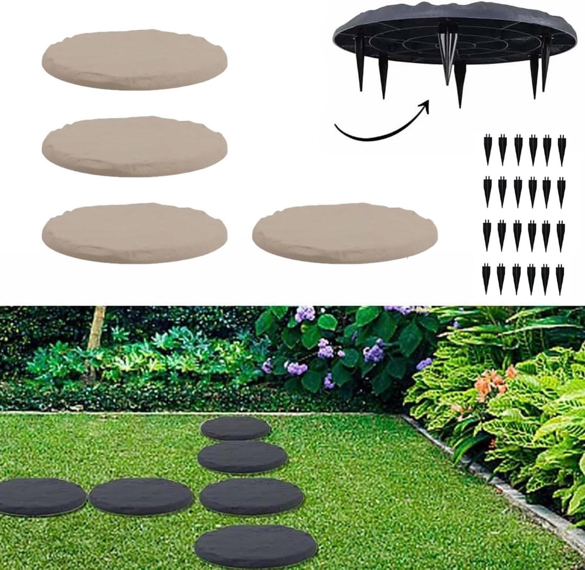 Tuinstapstenen met palen - Decoratief looppad - Tuinieren en decoreren - Waterbestendig hars - 39 cm diameter - Wit