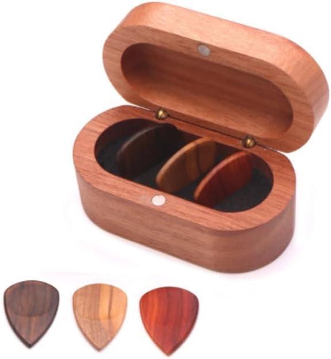 Plectrum Houder - Pick Case - Muziek Opslag - Natuurlijke Houtnerf - 3 Plectrums - Rood