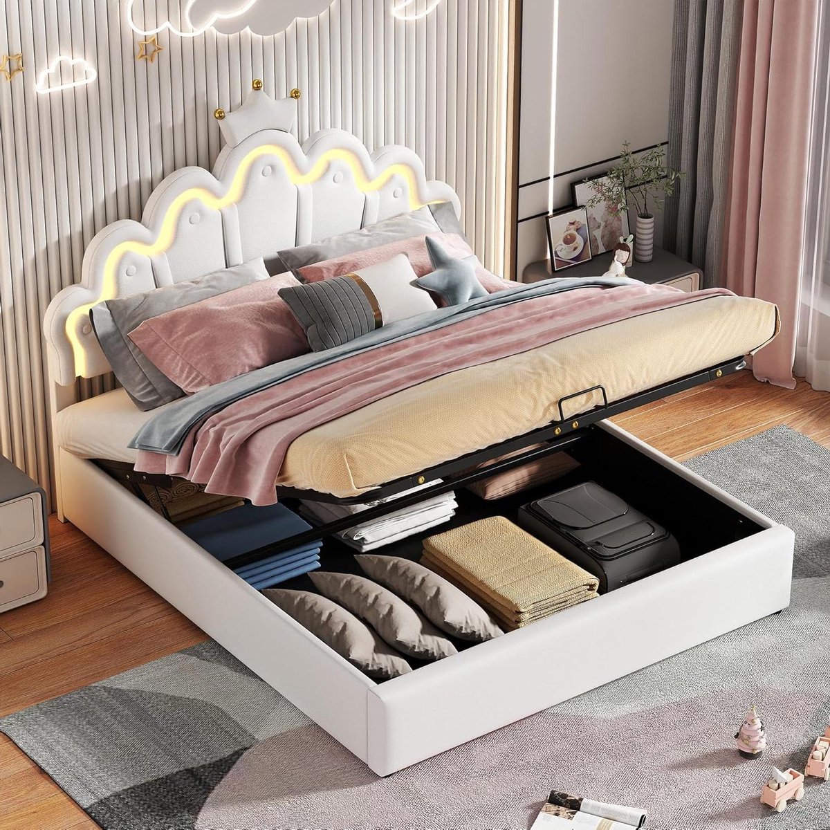 Gestoffeerd Bed - Prinsessen Bed - Slaapkamer Inrichting - Met Opbergruimte - 140 x 200 cm - Wit