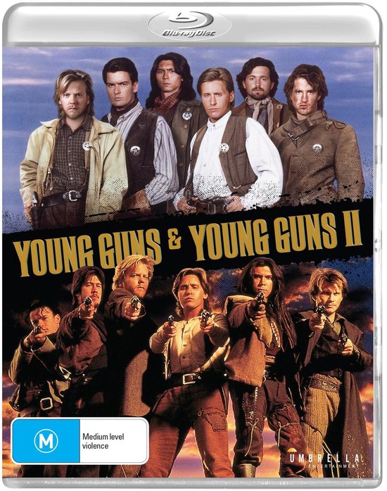 Poster met de cast van Young Guns en Young Guns II. Midden boven Emilio Estevez, met Kiefer Sutherland, Charlie Sheen, Lou Diamond Phillips, etc.