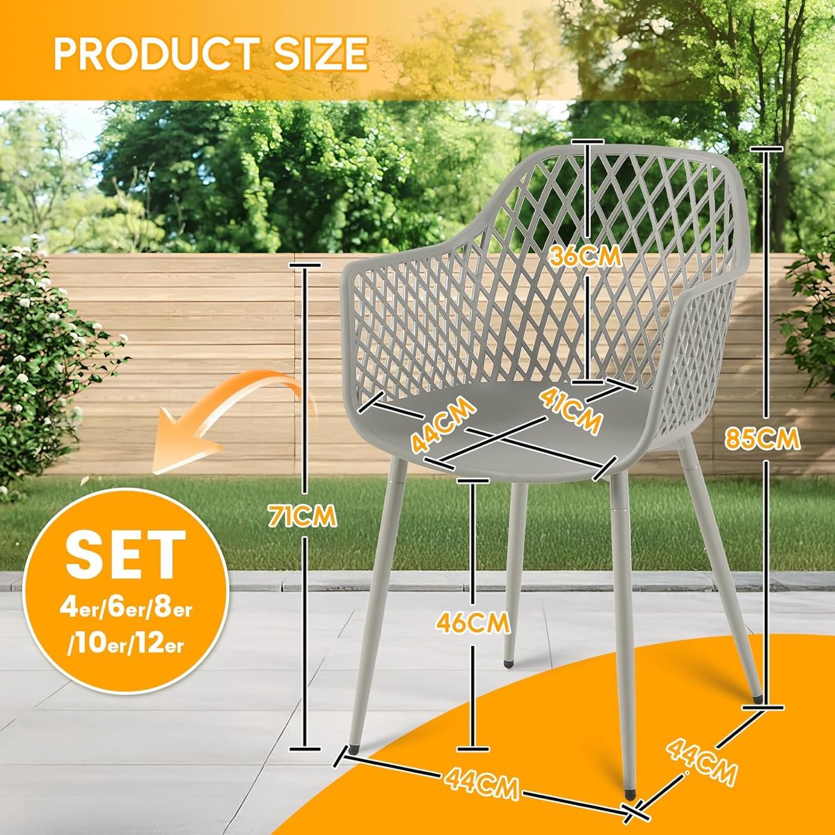 LuxeVera Tuin- & Eetkamerstoelen Set van 4 met Armleuningen Grijs – Weerbestendige Kunststof Stoelen voor Tuin, Balkon, Terras & Eetkamer – 44 x 44 x 85 c