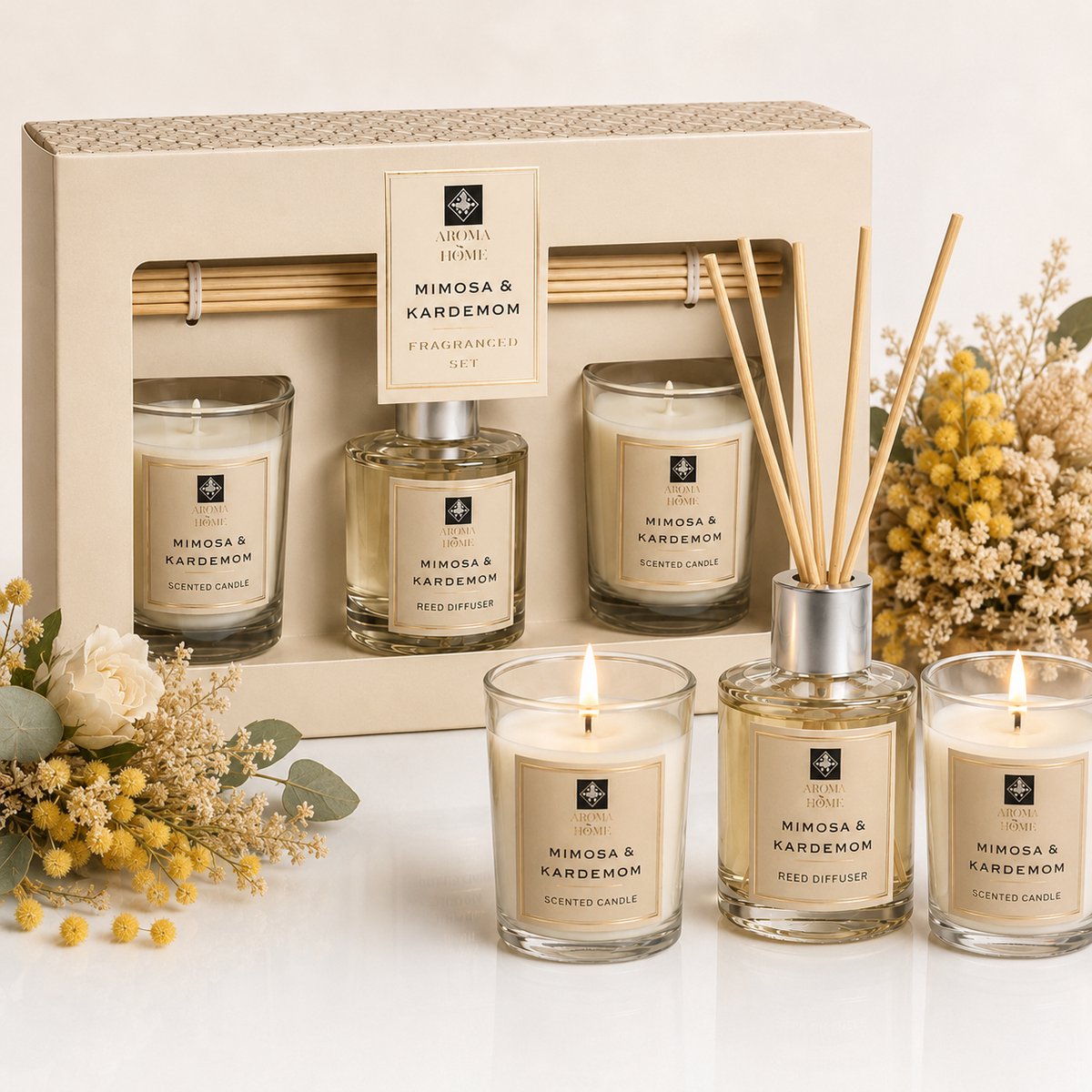 EasyMart Geurcadeauset Mimosa & Kardemom – 3-Delige Geurset met 2 Geurkaarsen & Reed Diffuser – Luxe Huisparfum met Geurstokjes – Wellness Cadeau Set – Home Spa & Woondecoratie – Cadeau voor Vrouwen