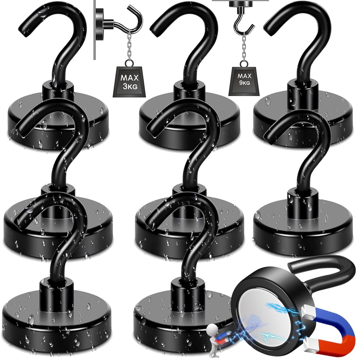 Dailygoody - Magnetische Haak - Sterke Magnetische Haak - Duurzaam en Roestvrij - Zwart - Geschikt voor Keuken en Slaapkamer - 8 Stuks