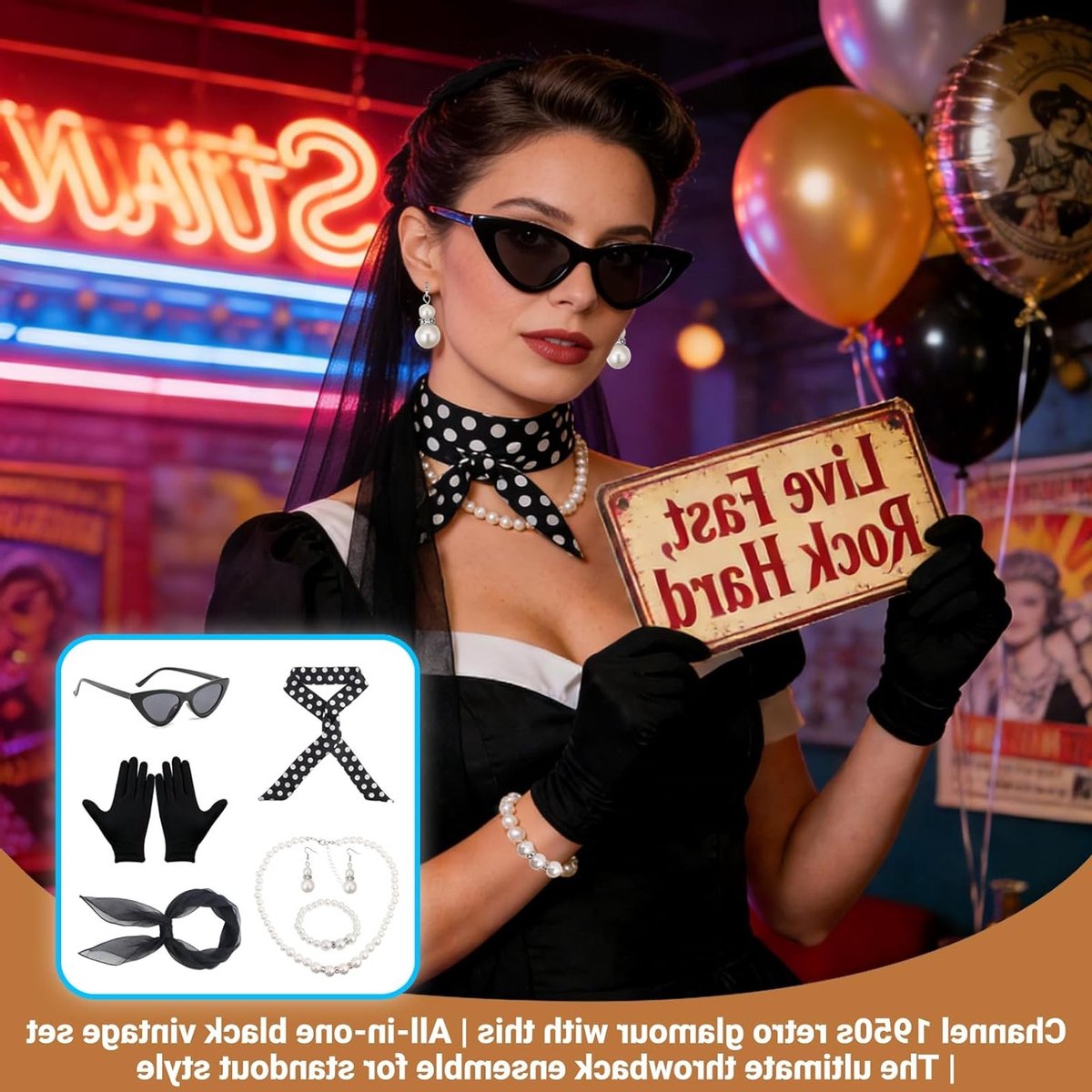 Vrouwelijk 50s Kostuum Set met 13 Retro Accessoires, Polka Dot Sjaal, Handschoenen, Zonnebril en Sieraden - Perfect voor Feest, Carnaval en Themaparty