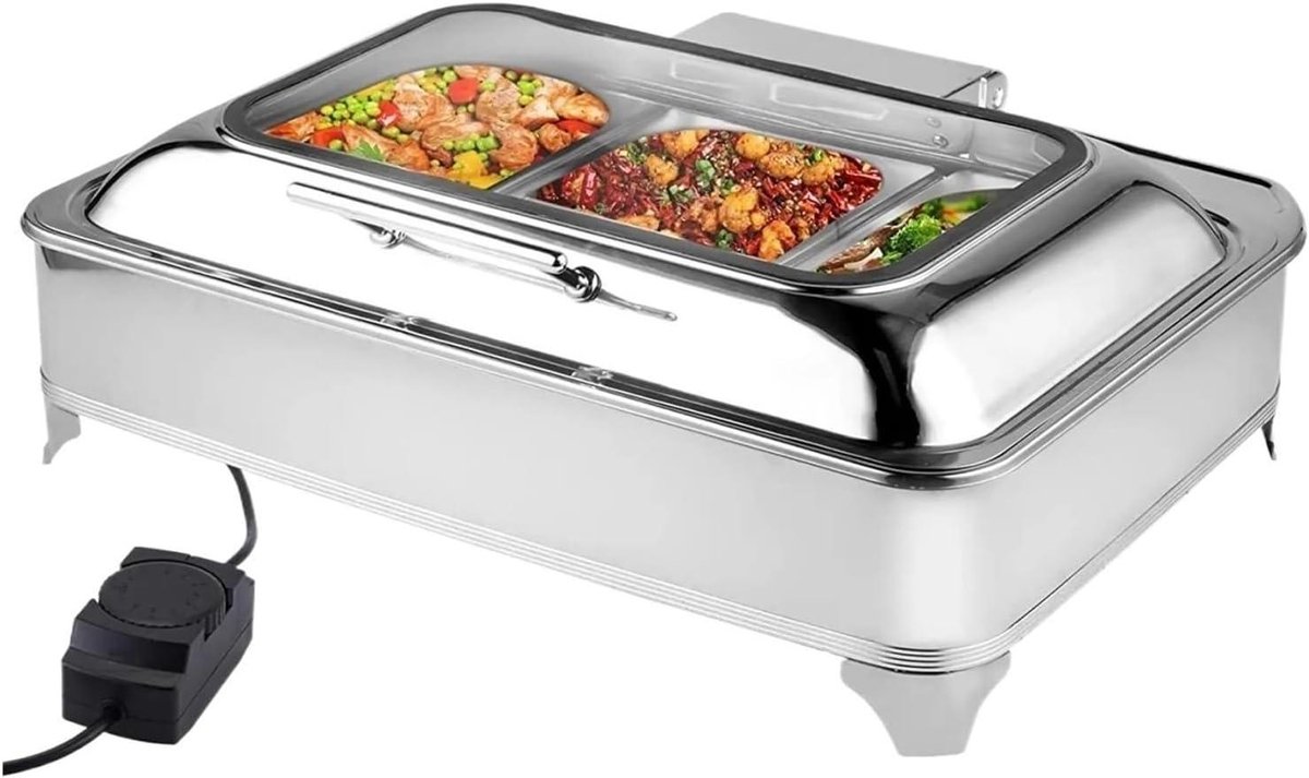 Elektrische Chafing Dish - Buffetverwarmer Set - Eten Warm Houden - Roestvrij Staal - 9 Liter Inhoud - Zilver
