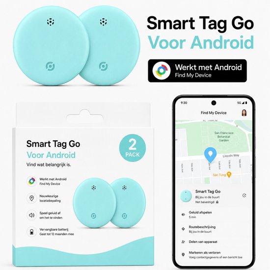 Twee mintgroene Smart Tags Go naast een smartphone met de "Find My Device" app en een verpakking.

