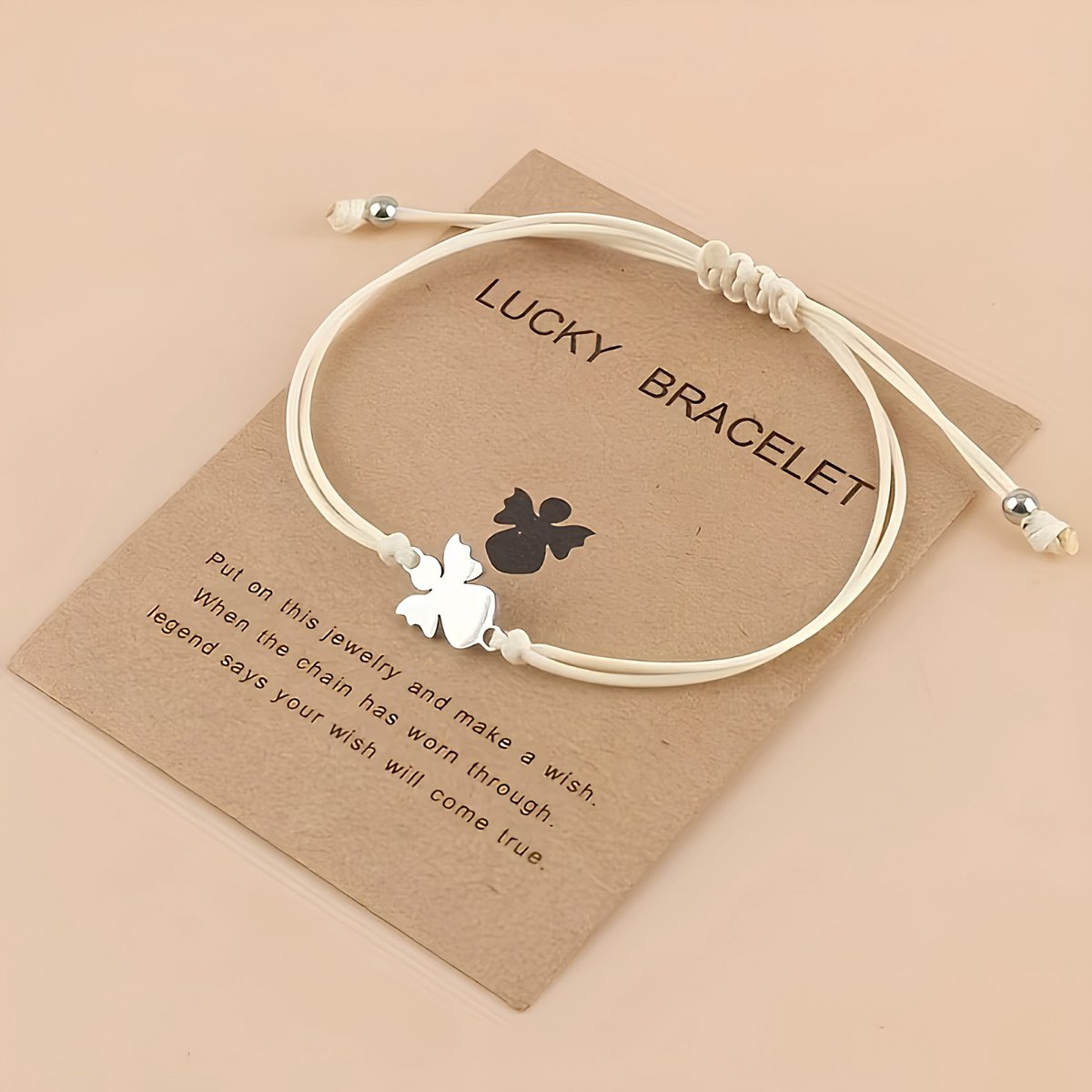 Lucky Bracelet - Armband - Beige/Crème - Bescherm Engel - Geluksarmband - Verstelbaar textielkoordje - 20 cm - Make a wish - Geschenkje - Cadeautje