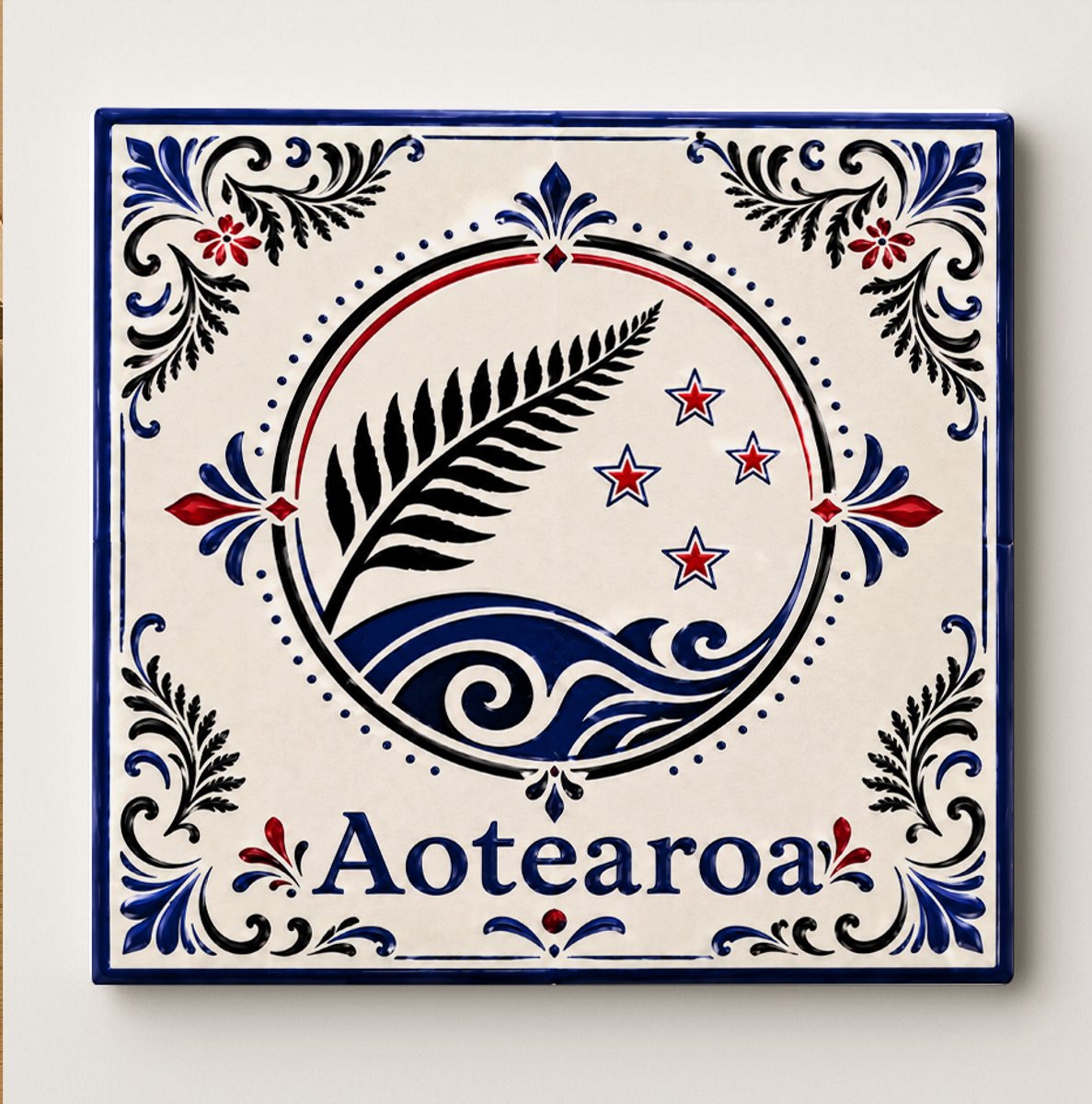 Bedruk King Nieuw-Zeeland Aotearoa Decoratieve Keramische Tegel – Zilveren Varen Wandtegel – Blauw Wit Rood Heritage Souvenir Cadeau