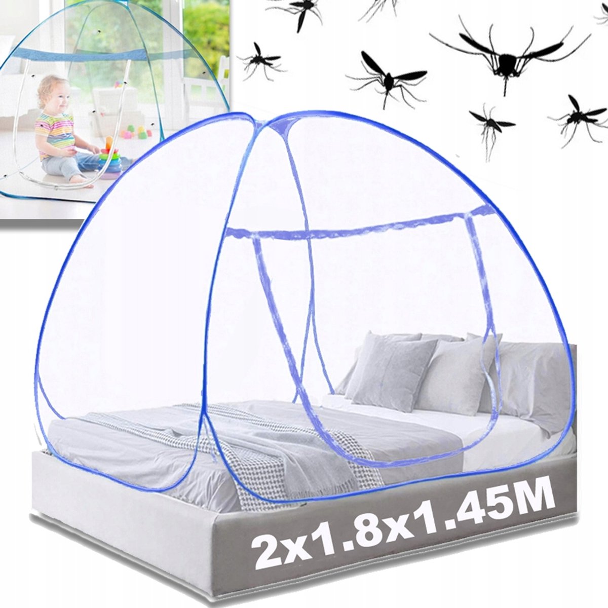 Witblauwe Muggennet Tent Voor Bed - Opklapbare Bedhemel Met Netbodem - Muggennet Tent Voor Kinderen (Meisjes En Jongens) - Slaapkamer - Geschikt Voor Binnen En Buiten (Tweepersoons/Queensize)