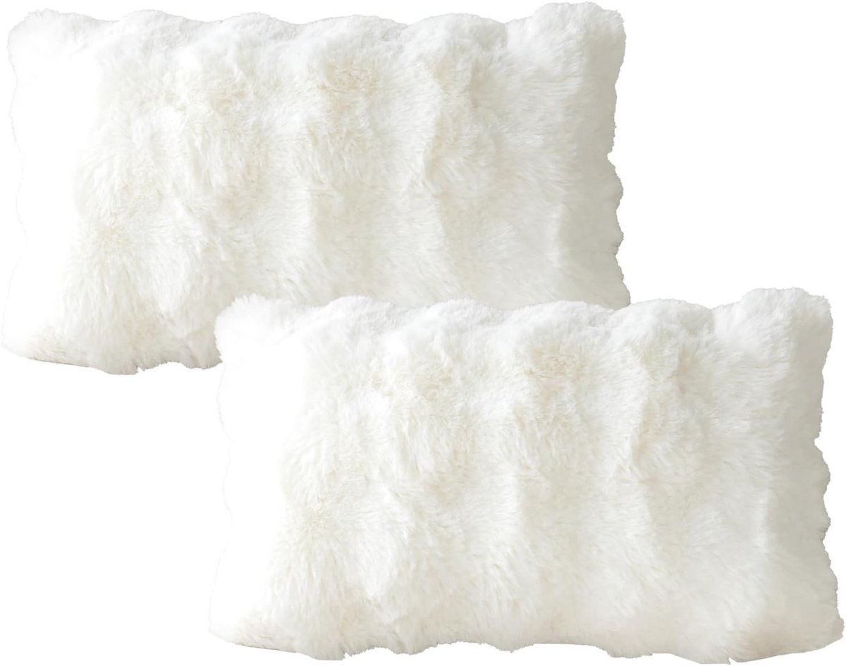 Zachte Witte Faux Fur Kussenhoezen 30 × 50 cm - Set van 2 Pluche Kussens voor Moderne Decoratie en Comfort