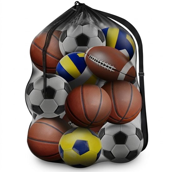 Filet de sport noir rempli de différents ballons de sport.