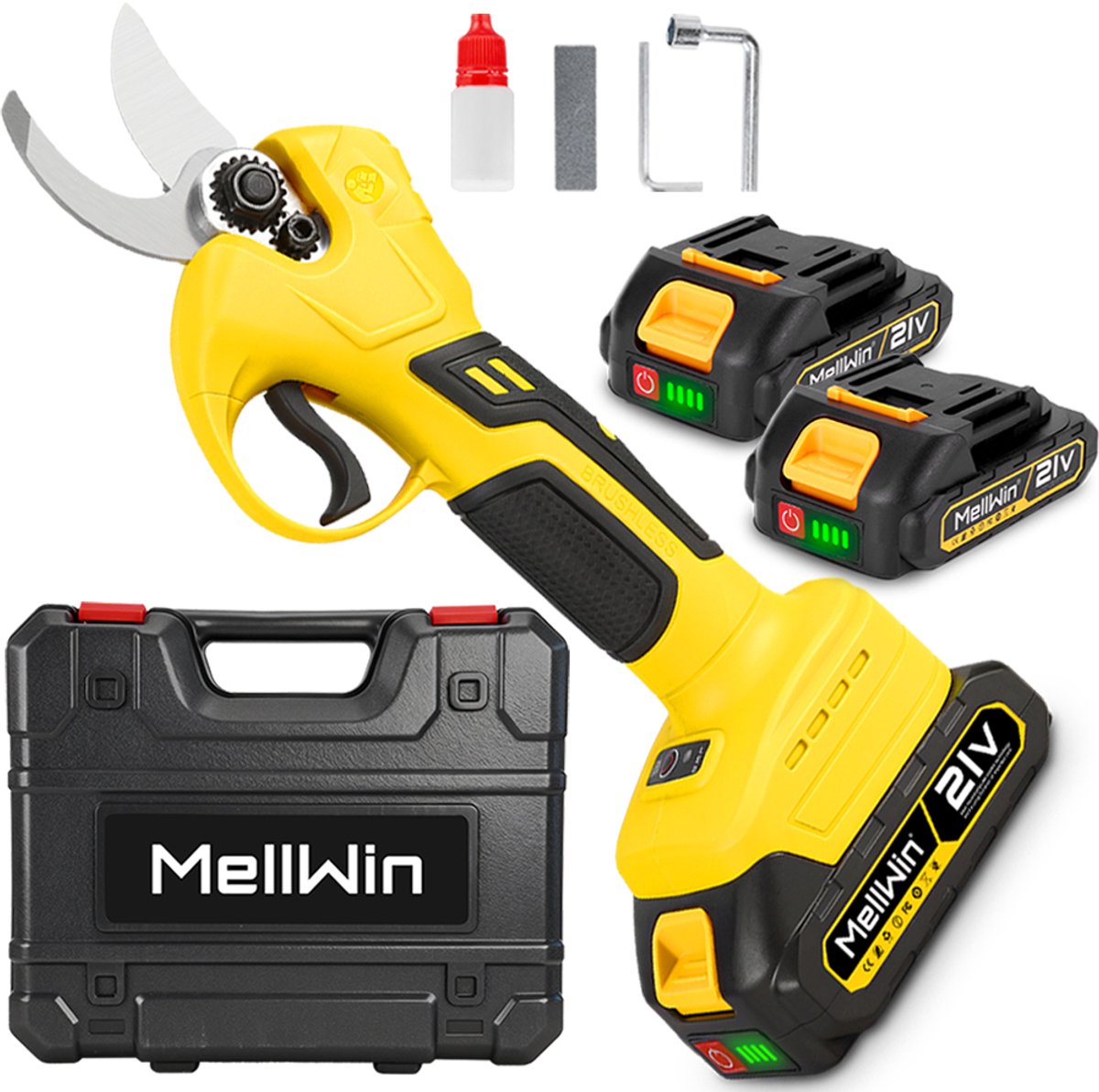 MellWin Accu Snoeischaar - 32mm Professioneel Takkenschaar - Elektrische Snoeischaar - met 2 Accu's - Borstelloze Tuinschaar - Voor Snoeien van Takken & Heggen