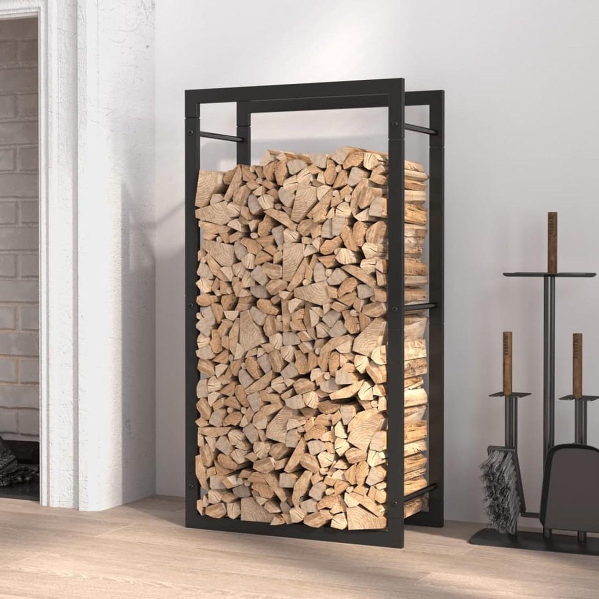 Brandhoutrek - Houthouder Opslag - Haardhout Opslaan - Houdt Hout Droog - 50 x 28 x 94 cm - Mat Zwart