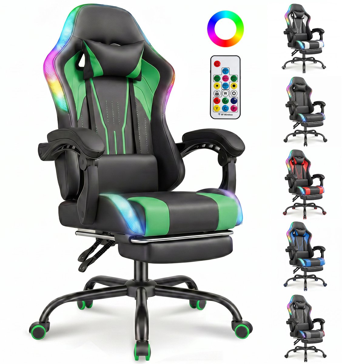 Devoko Game Stoel met ledverlichting-Ergonomische Gamestoel-Gaming chair met voetensteun-Bureaustoel met hoofdsteun en lendensteun-Zwart Groen