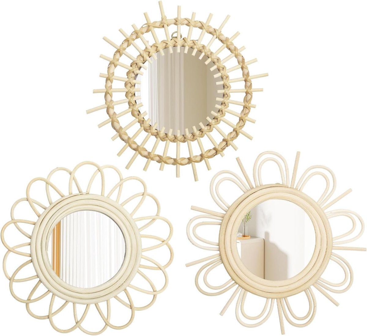 Set van 3 Moderne Boho Wandspiegels met Metalen Haken voor Badkamer, Entree, Woonkamer en Slaapkamer Decoratie