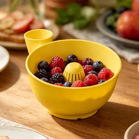 Fruit Spinner - Bessenwasser Kom - Fruit Reinigen - 4-in-1 Zelfroterend - 20 x 13.5 x 7.5 cm - Geel — afbeelding 5