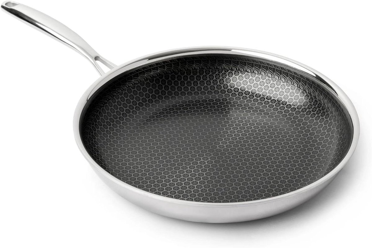 Koekenpan PFAS-vrij - Keramische pan Antiaanbak - Gezond Koken - RVS Honingraatstructuur - 24 cm - Zwart