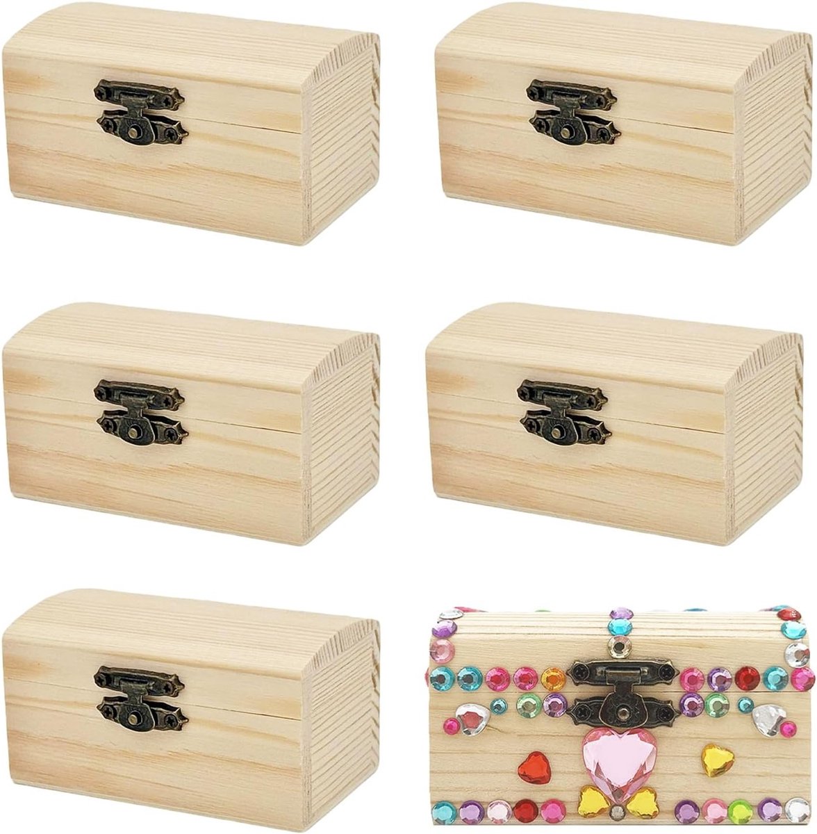 Set van 6 Kleine Houten Sieraden Dozen, Rectangulaire Houten Schatkist met Deksel voor Knutselen, Verjaardagsfeesten en DIY Projecten