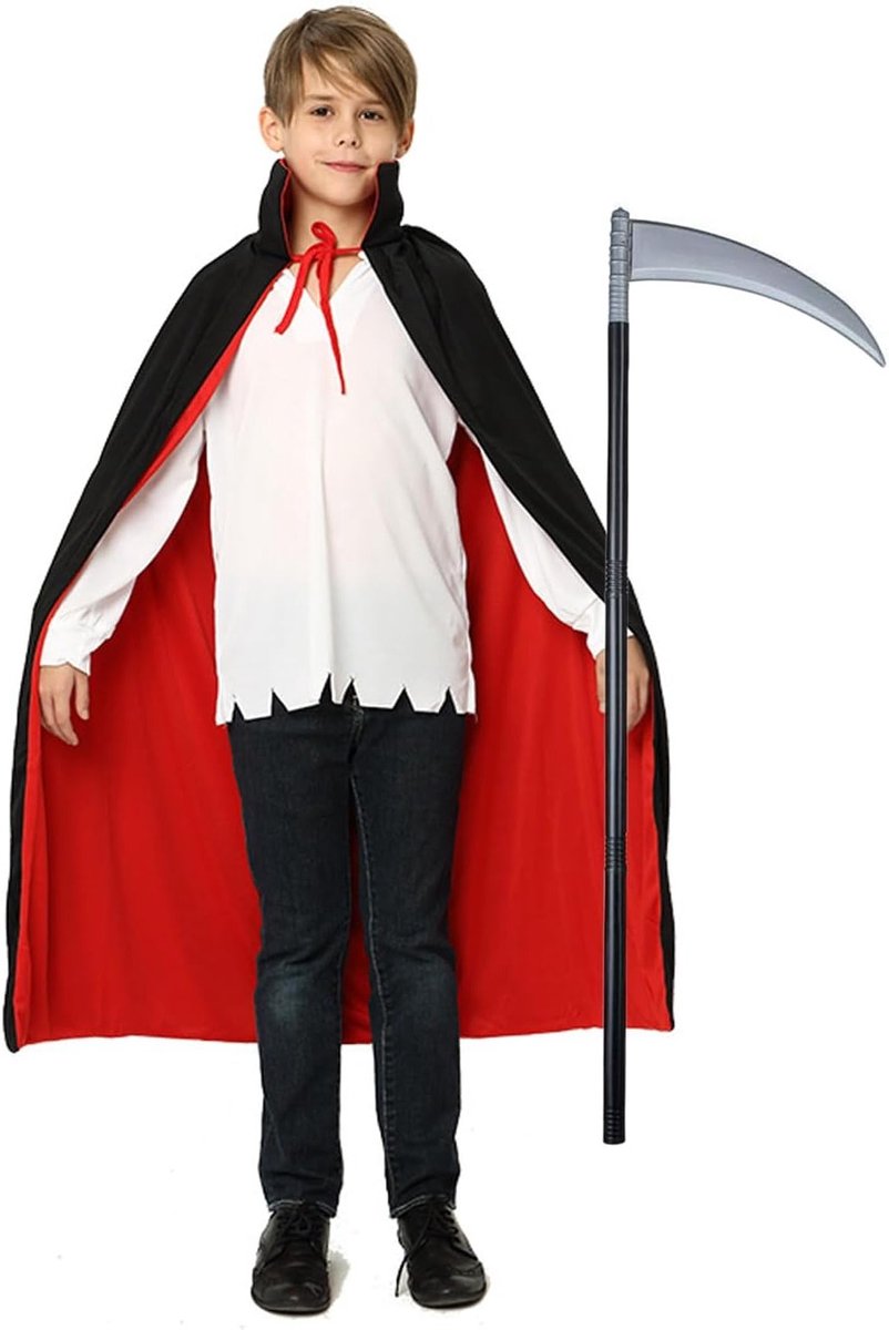 Grimmige Vampire Cape van 100 cm met Sikkel Wapen voor Halloween en Carnaval, Zwart-Rood Dubbelzijdig Kostuum voor Volwassenen met Staande Kraag