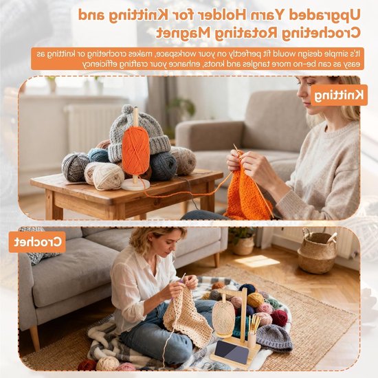 Houten Garnehouder met Magnetische Functie voor Breien en Haken, Inclusief Opbergruimte en Telefoonstandaard, Draaiende Wolbalhouder voor Gemakkelijk Gebruik van houten — afbeelding 4
