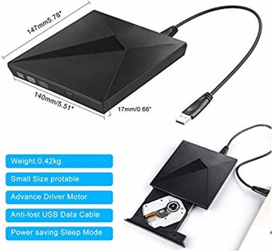 Externe DVD Brander - Optisch Station - Bestanden Opslaan - Plug and Play - Compact Formaat - Zwart — afbeelding 4