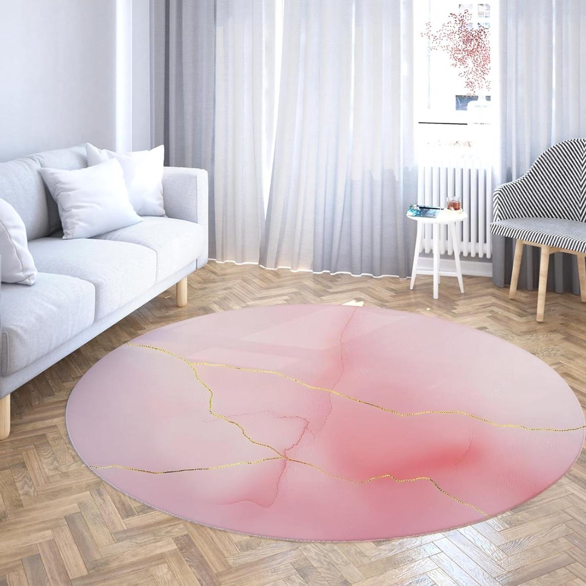 Rond Vloerkleed - Cirkel Tapijt - Woonkamer Decoratie - Abstract Gouden Lijn - 240 cm - Roze