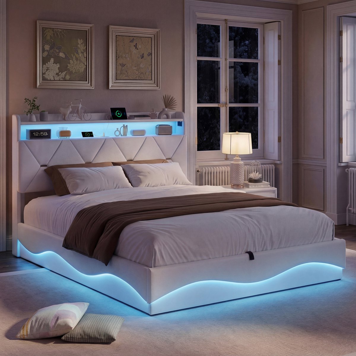 Gestoffeerd Boxspring‑stijl Tweepersoonsbed 160x200 cm Beige Fluweel – Met LED‑verlichting, USB‑poorten, Lattenbodem, Opbergruimte en Hydraulische Hendel, Zonder Matras