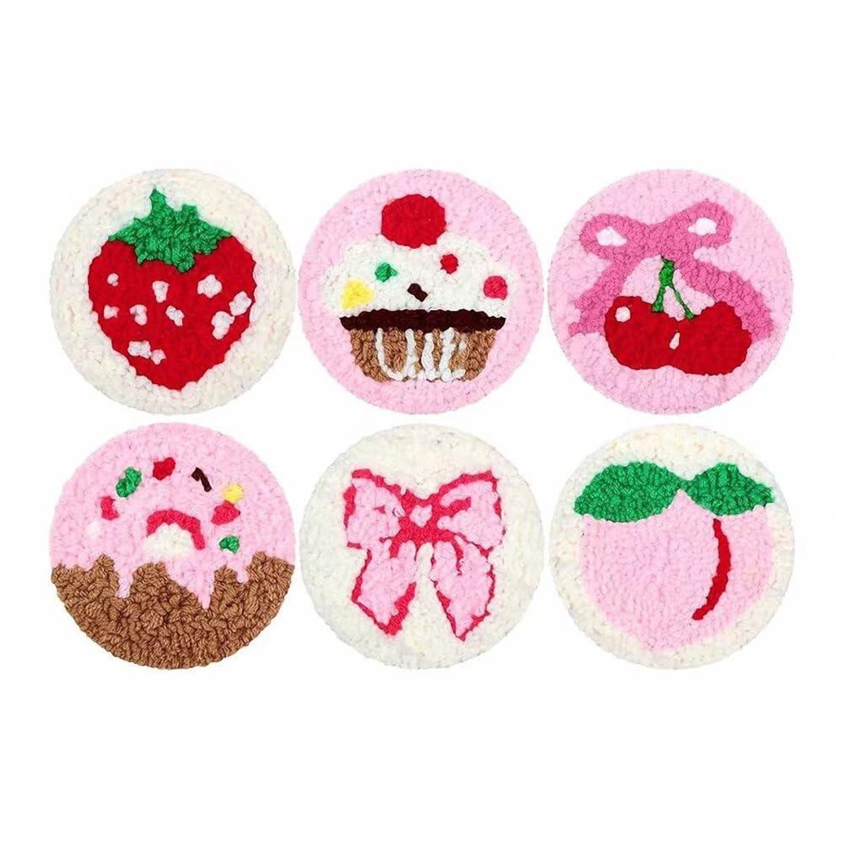 carmdering - Punch Needle Set - Beginnersset - Borduurset - 10×10 cm, katoen, incl. 6 bedrukte stoffen en vilt - Met borduurring, naald, schaar, draadinrijger en garen - Maak onderzetters en decoraties - Perfect voor DIY en handwerk