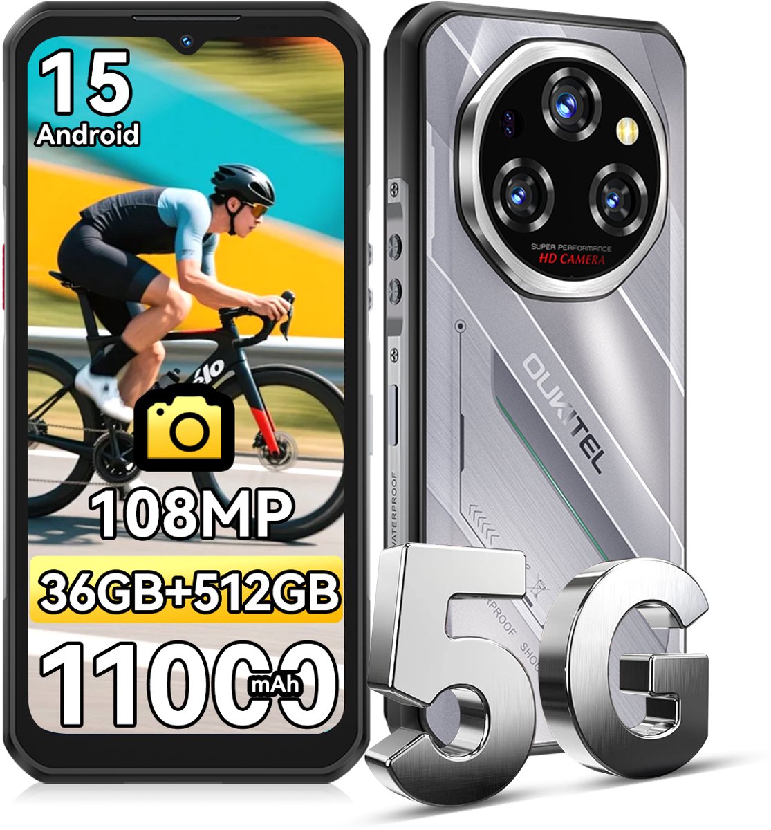 OUKITEL WP62 Rugged Smartphone 5G - 36GB RAM - 512GB ROM - 6,6 inch FHD+ 120Hz - 11000mAh 33W - 108MP Camera - Android 15 - Dual SIM - IP68/IP69K Outdoor telefoon - NFC GPS OTG - Zilver