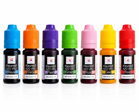 Zeven flesjes kleurstof in verschillende kleuren: blauw, oranje, paars, groen, roze, geel en rood.