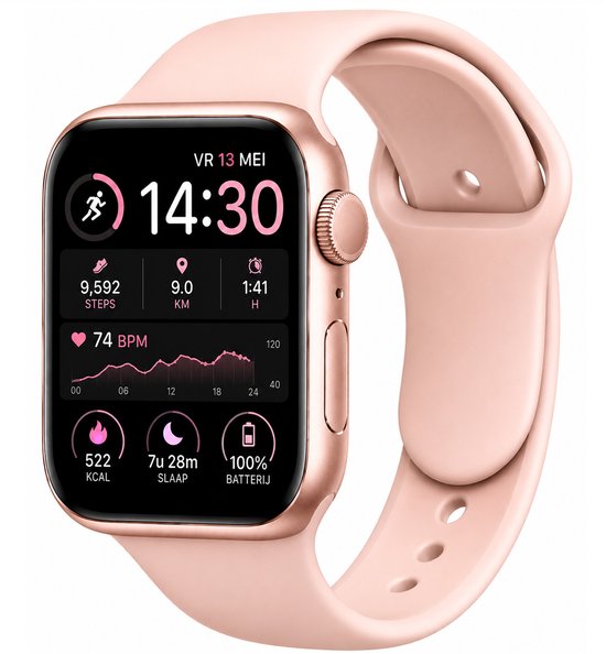 Roze smartwatch met hartslagmeter, stappenteller en batterij-indicatie op het scherm.
