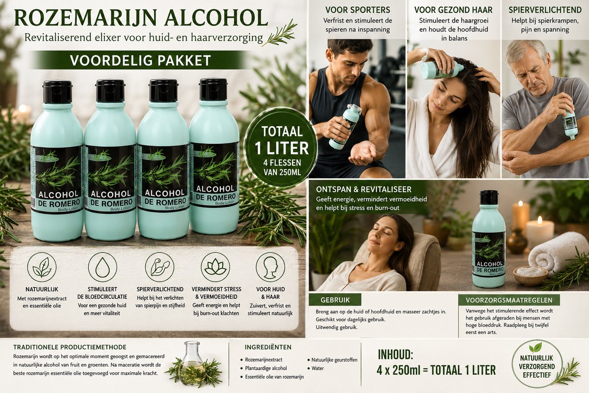 1 LITER ( 4 FLESSEN VAN 250ML/FLES) Rozemarijn Rosemary Alcohol Alcohol De Romero 250ml cosmetische eigenschappen, massage, “burn- out”, hoge bloeddruk. Revitaliserend elixer voor huid- en haarverzorging