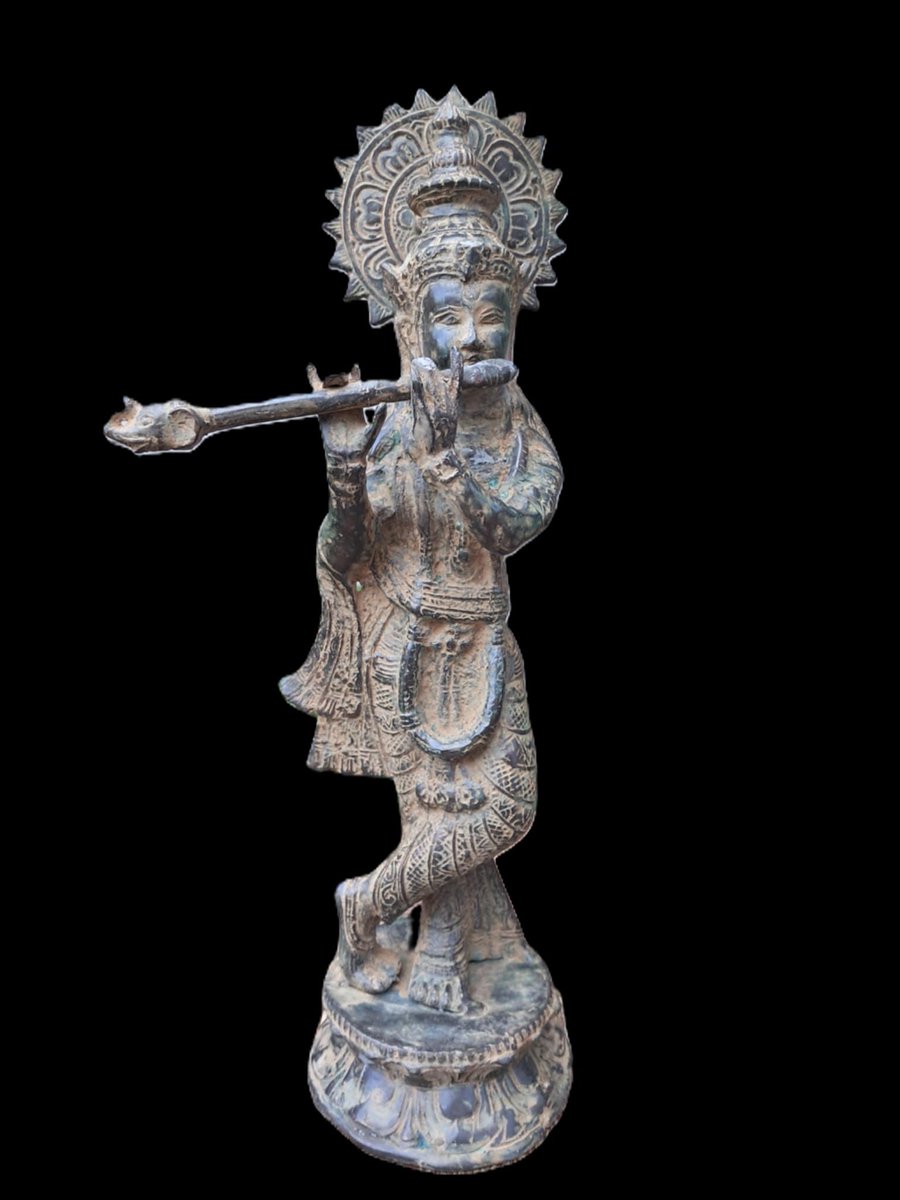 Statue en bronze de lord Krishna jouant de la flute/Inde/37 cm